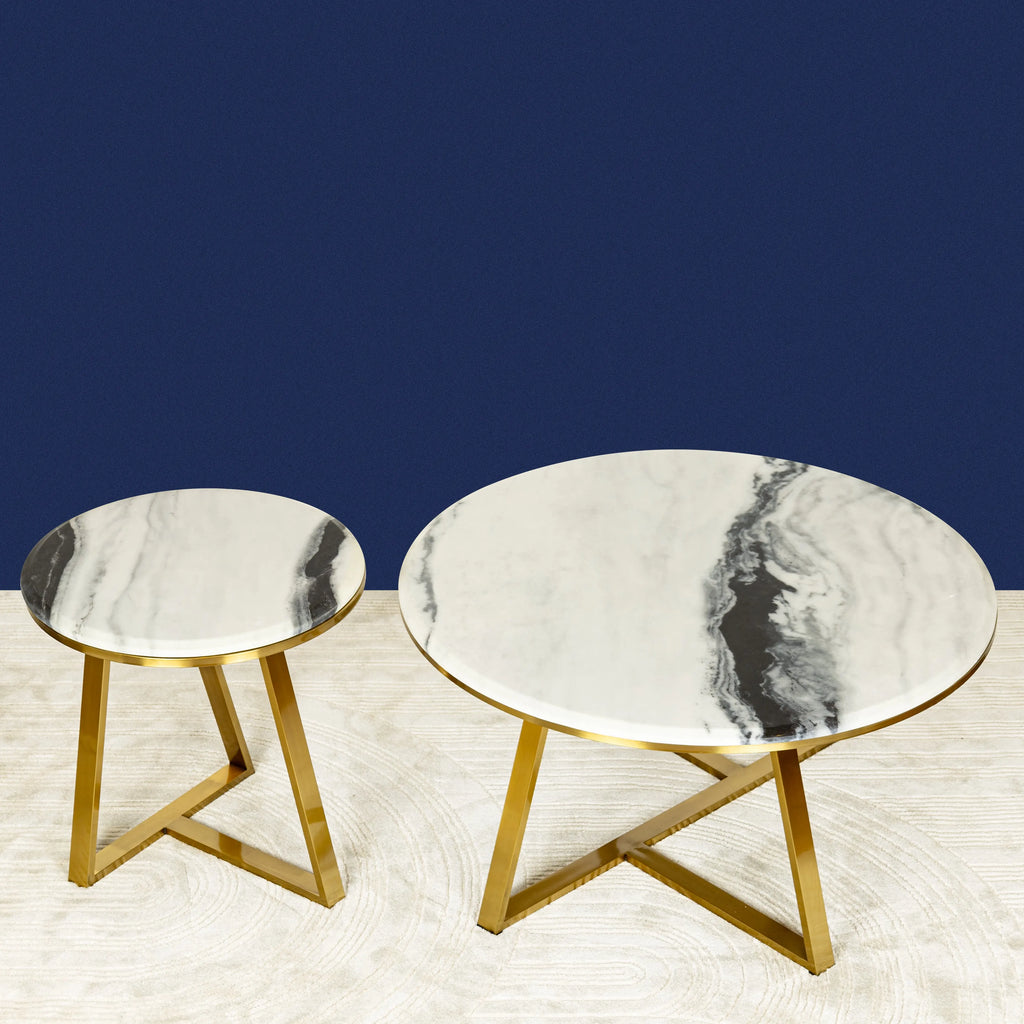 Four-Leg Coffee Table with Gold Detailing & Three-Legged Gold Accent Table DECORMANTRA