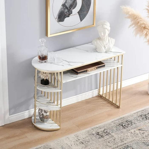 D-End 5 Tier White Marble Golden Console Table - Decor Mantra 