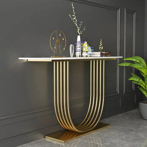 U-Shape White Marble Golden Console Table - Decor Mantra 