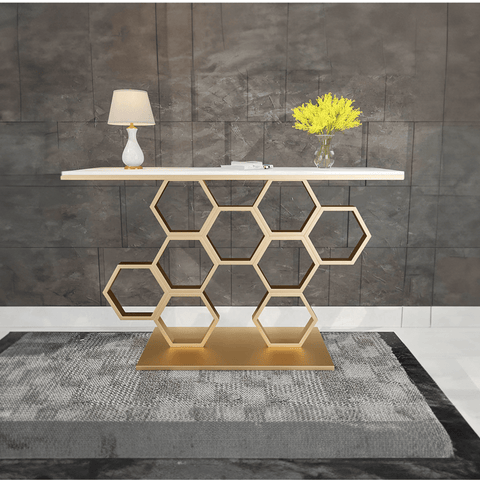 Honeycomb Motif Golden Metal Finish Console Table - Decor Mantra 