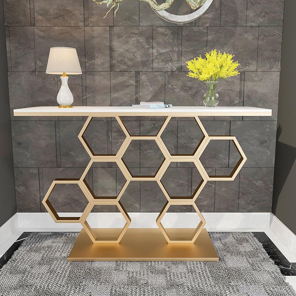 Honeycomb Motif Golden Metal Finish Console Table - Decor Mantra 