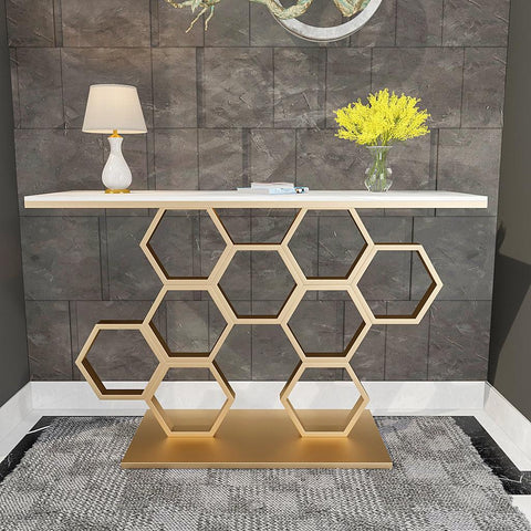 Honeycomb Motif Golden Metal Finish Console Table - Decor Mantra 