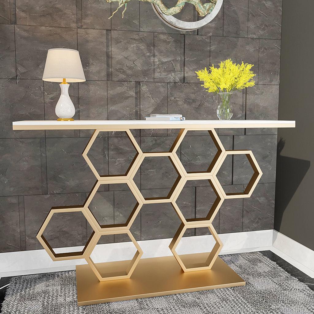 Honeycomb Motif Golden Metal Finish Console Table - Decor Mantra 