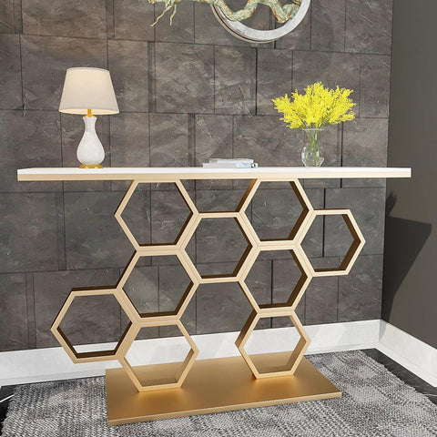 Honeycomb Motif Golden Metal Finish Console Table - Decor Mantra 