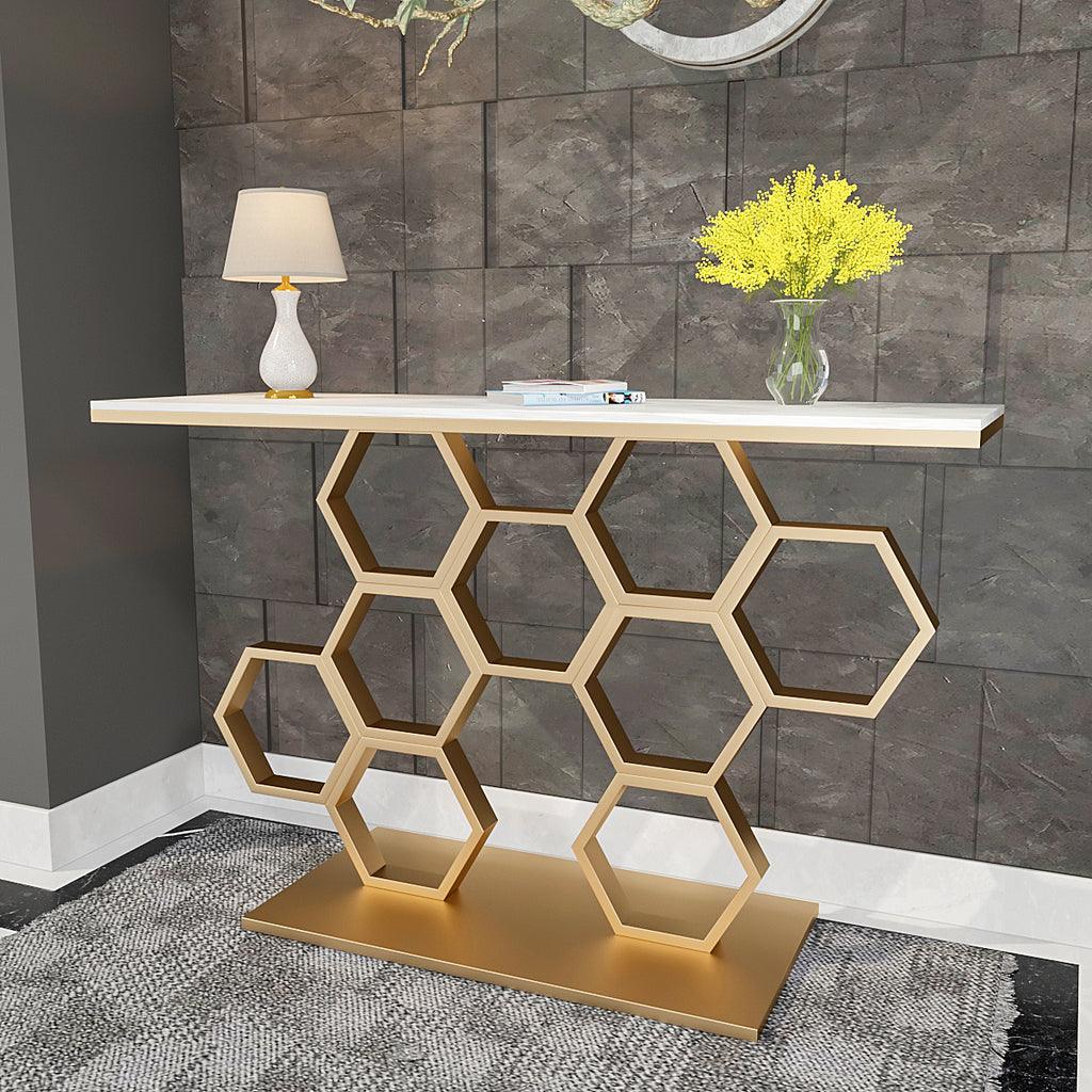 Honeycomb Motif Golden Metal Finish Console Table - Decor Mantra 