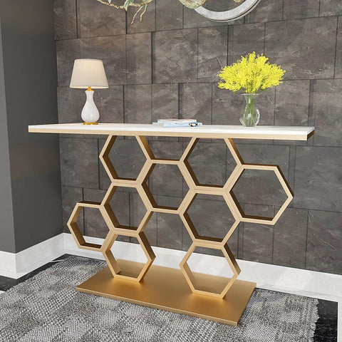 Honeycomb Motif Golden Metal Finish Console Table - Decor Mantra 