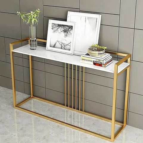 Modern Console Table Adorned with Sleek Golden Rods - Decor Mantra 