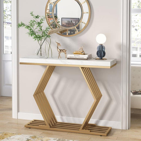 White Marble-Topped Gold Console Table with Geometric Metal Base - Decor Mantra 