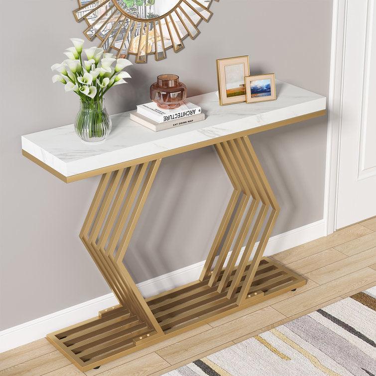 White Marble-Topped Gold Console Table with Geometric Metal Base - Decor Mantra 