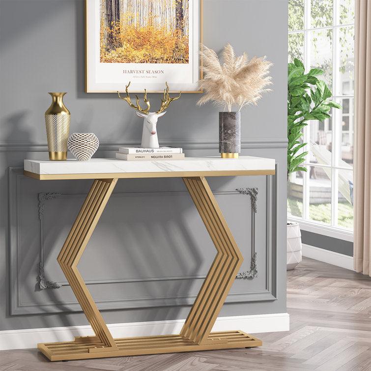 White Marble-Topped Gold Console Table with Geometric Metal Base - Decor Mantra 