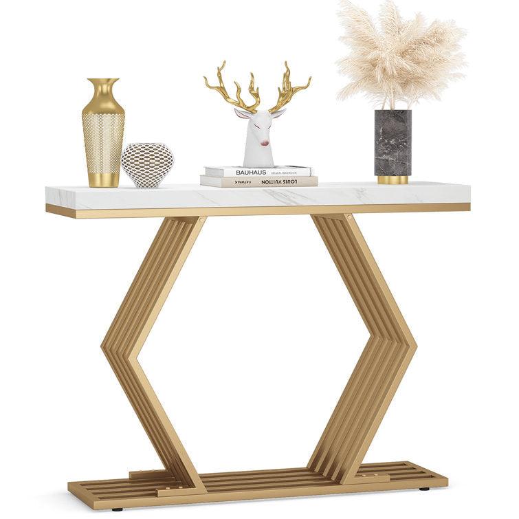 White Marble-Topped Gold Console Table with Geometric Metal Base - Decor Mantra 