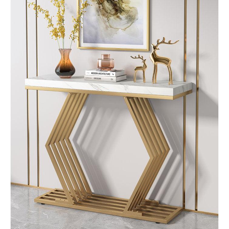White Marble-Topped Gold Console Table with Geometric Metal Base - Decor Mantra 