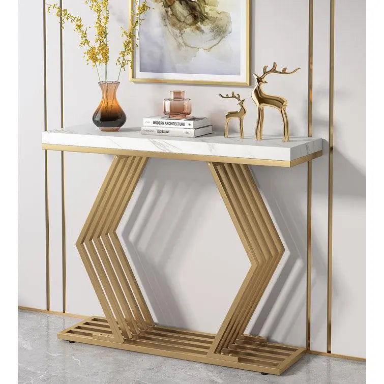 White Marble-Topped Gold Console Table with Geometric Metal Base - Decor Mantra 