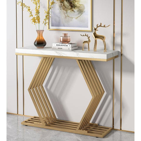 White Marble-Topped Gold Console Table with Geometric Metal Base - Decor Mantra 