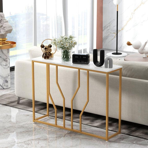 Sleek Black/Gold Narrow Metal Console Table, Marble Side Table - Decor Mantra 