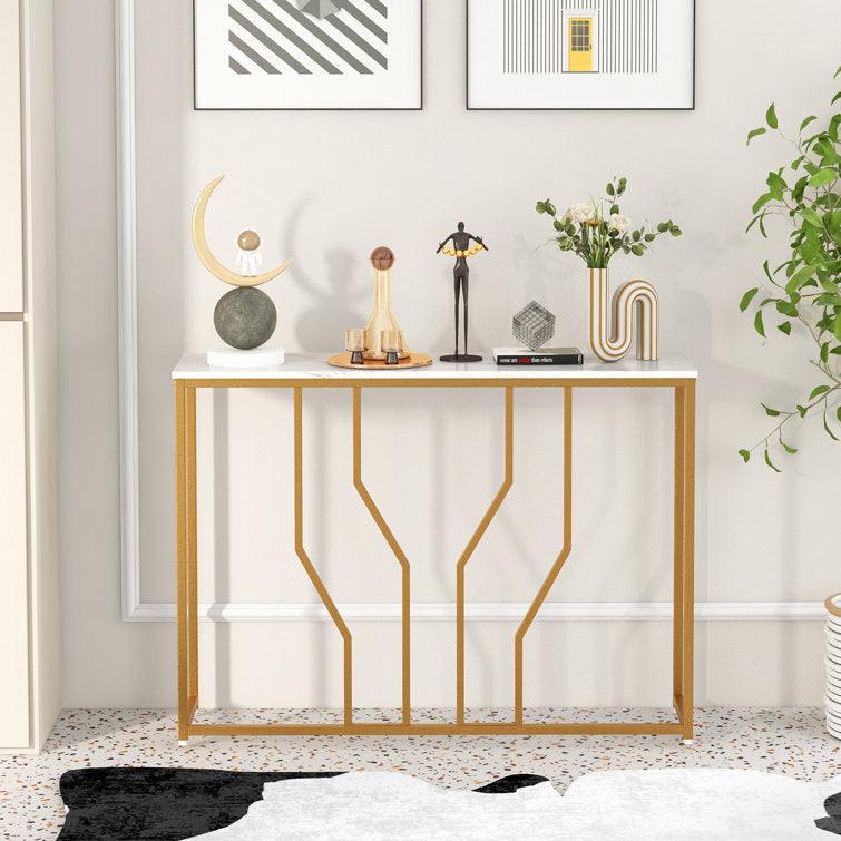 Sleek Black/Gold Narrow Metal Console Table, Marble Side Table - Decor Mantra 