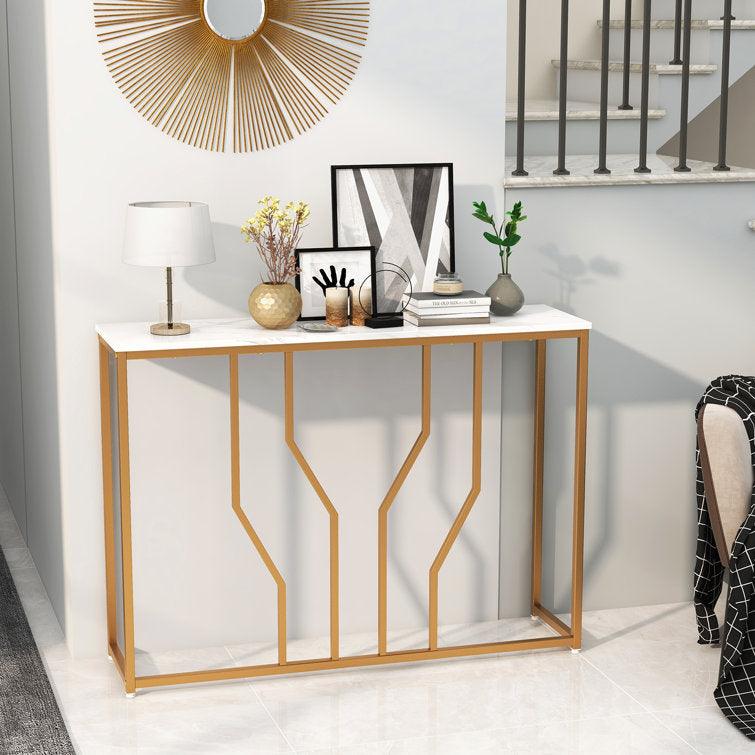 Sleek Black/Gold Narrow Metal Console Table, Marble Side Table - Decor Mantra 
