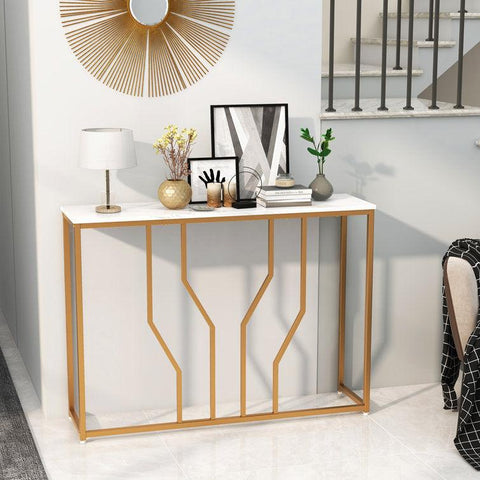 Sleek Black/Gold Narrow Metal Console Table, Marble Side Table - Decor Mantra 