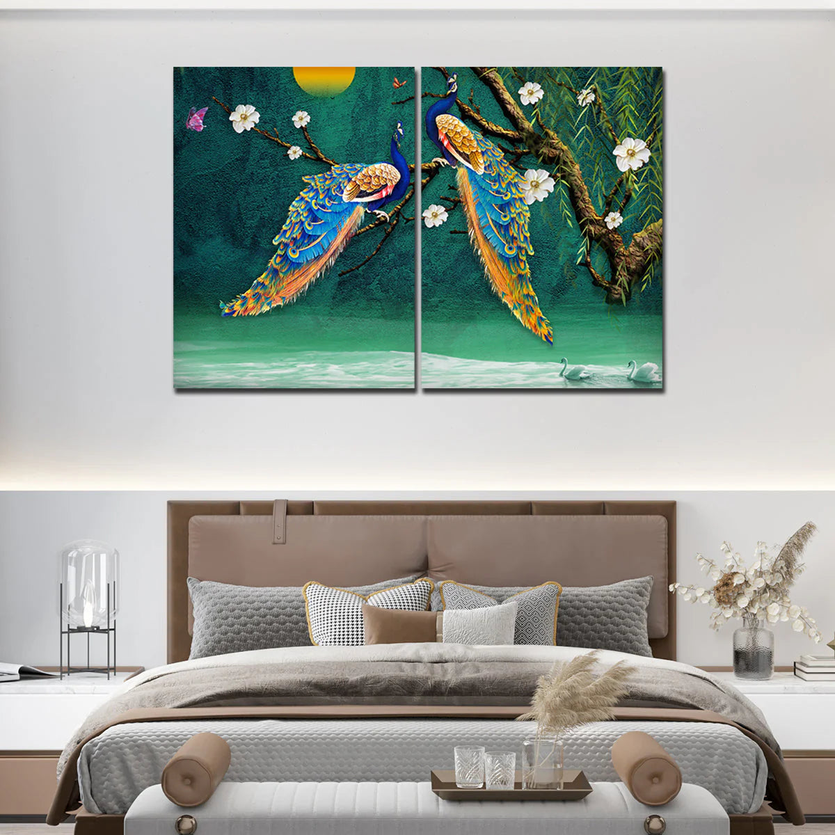 Canvas Bedroom Wall Painting of 2 Pieces Beautiful Bird Couple in Forest Decor Mantra