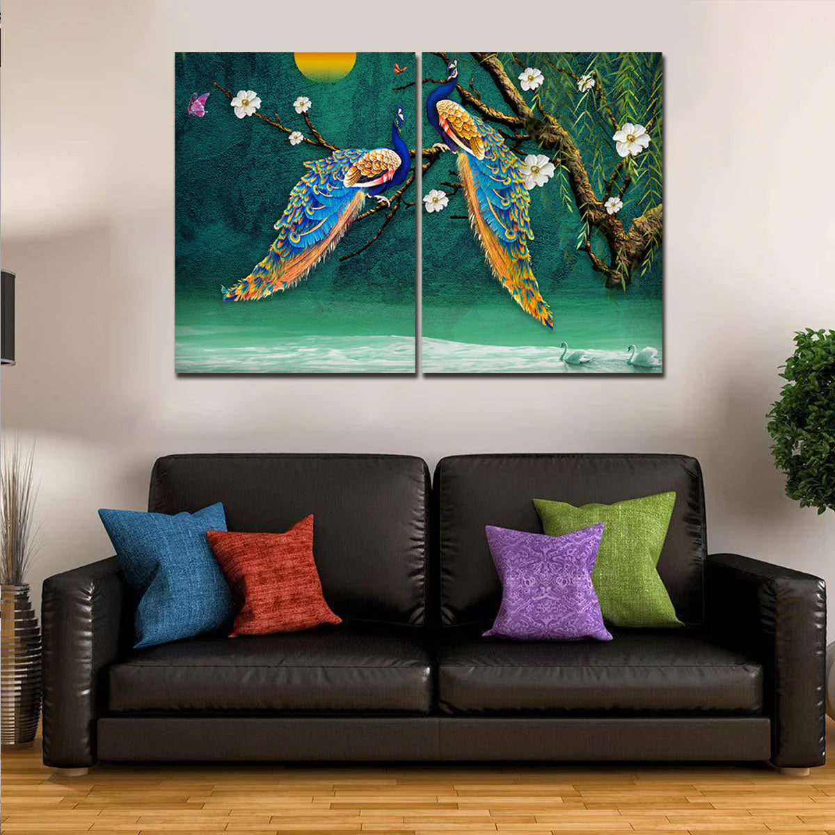 Canvas Bedroom Wall Painting of 2 Pieces Beautiful Bird Couple in Forest DECORMANTRA