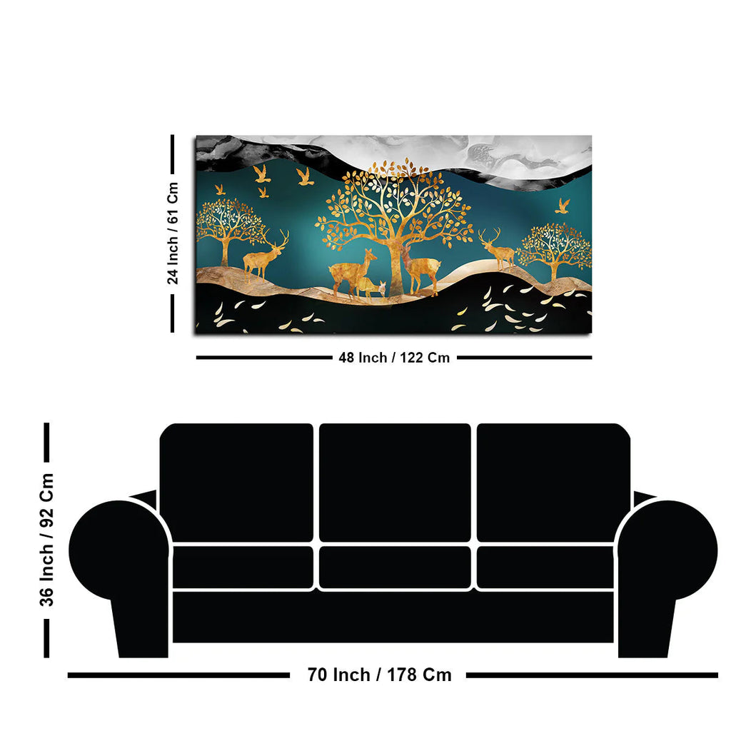 Canvas Wall Painting of Golden Trees With Birds And Deer DECORMANTRA
