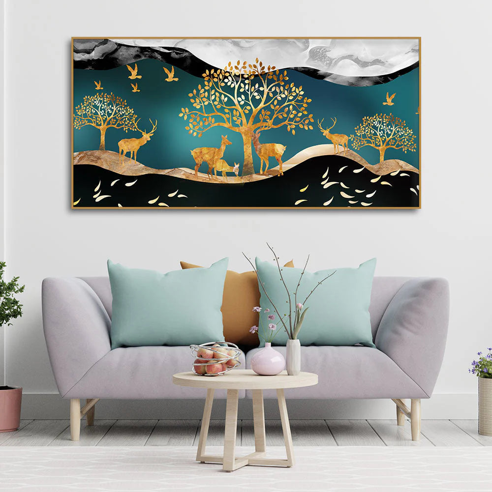 Canvas Wall Painting of Golden Trees With Birds And Deer DECORMANTRA
