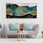 Canvas Wall Painting of Golden Trees With Birds And Deer DECORMANTRA