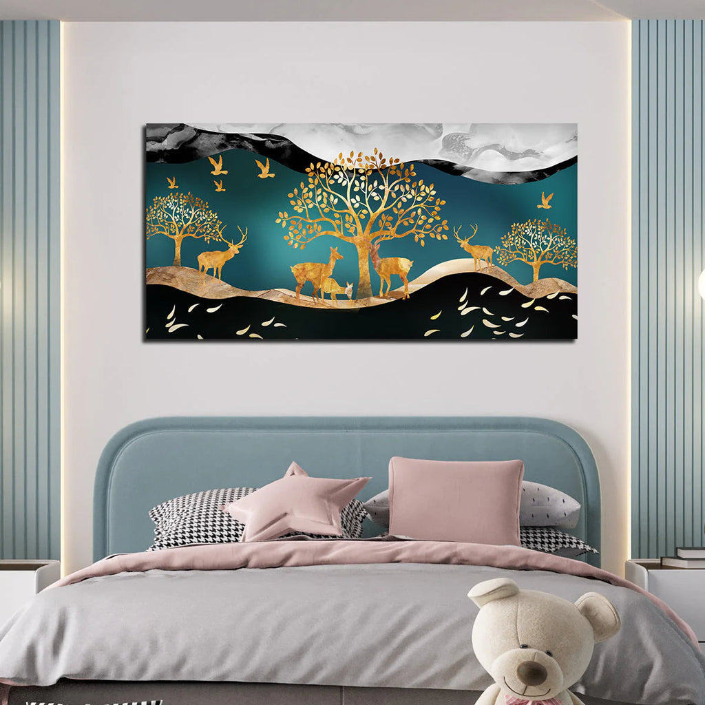 Canvas Wall Painting of Golden Trees With Birds And Deer DECORMANTRA