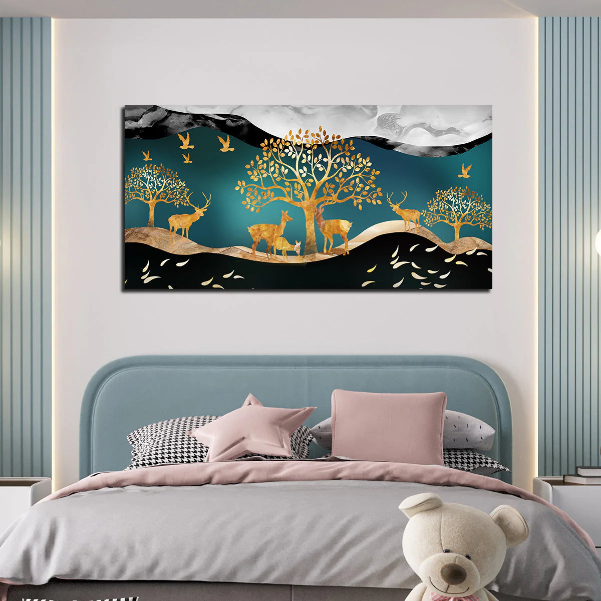 Canvas Wall Painting of Golden Trees With Birds And Deer DECORMANTRA
