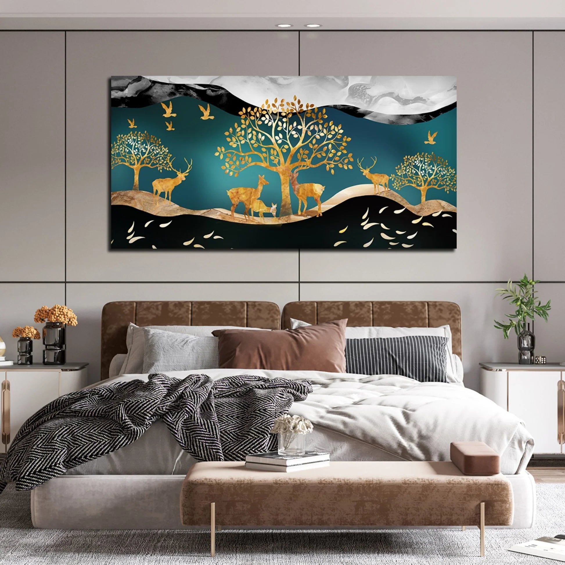 Canvas Wall Painting of Golden Trees With Birds And Deer DECORMANTRA