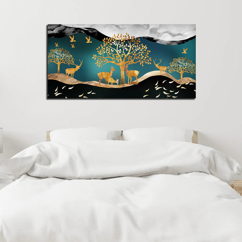 Canvas Wall Painting of Golden Trees With Birds And Deer DECORMANTRA