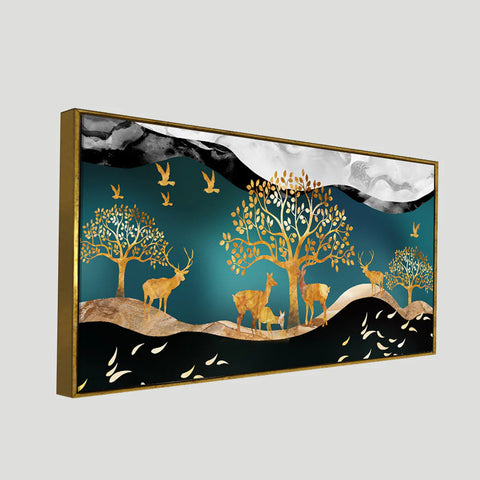 Canvas Wall Painting of Golden Trees With Birds And Deer