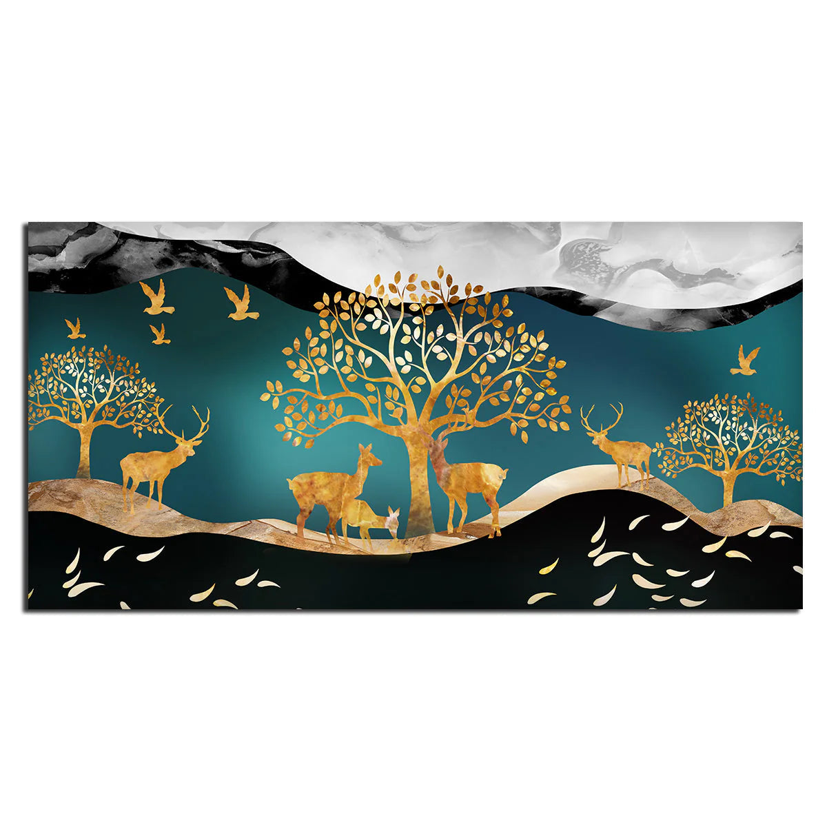 Canvas Wall Painting of Golden Trees With Birds And Deer DECORMANTRA
