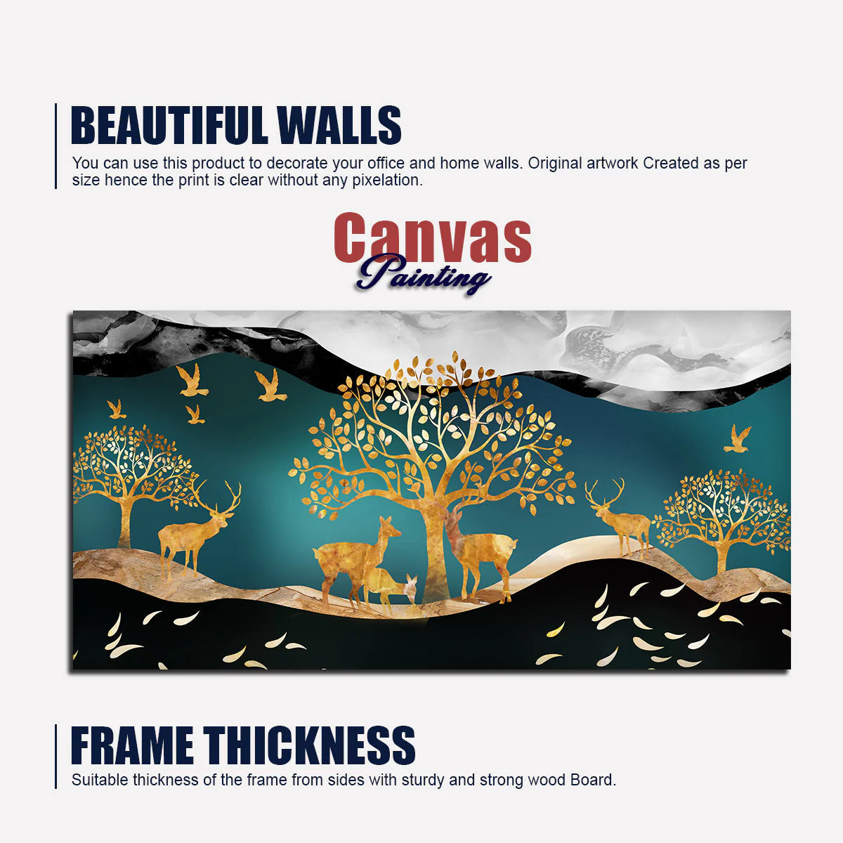 Canvas Wall Painting of Golden Trees With Birds And Deer DECORMANTRA