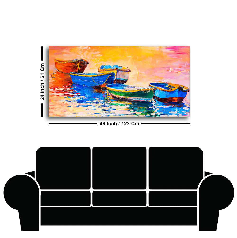 Canvas Wall Painting of The Colorful Boats in Shades of Sunset DECORMANTRA