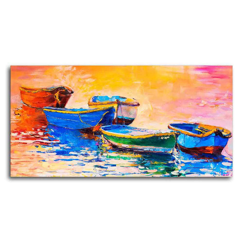 Canvas Wall Painting of The Colorful Boats in Shades of Sunset DECORMANTRA