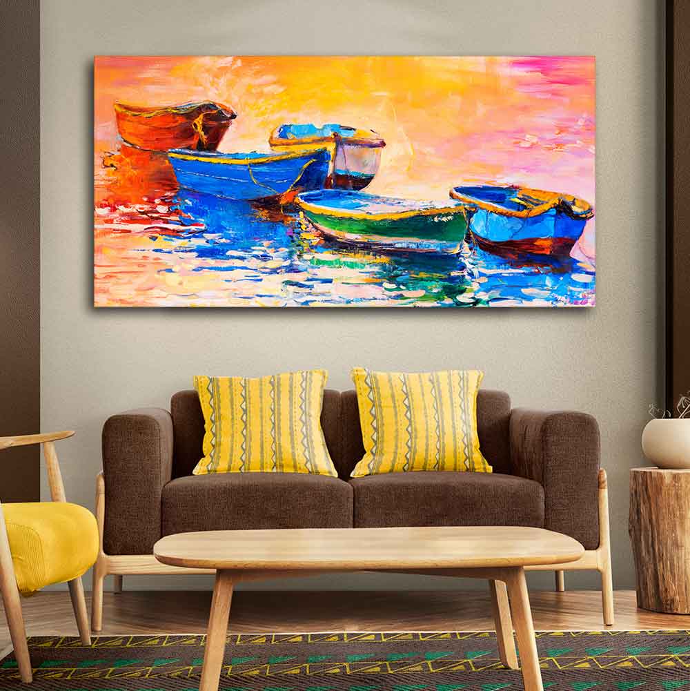 Canvas Wall Painting of The Colorful Boats in Shades of Sunset DECORMANTRA