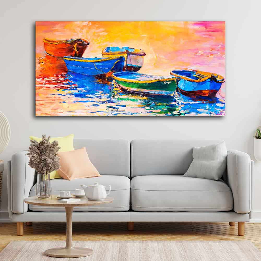 Canvas Wall Painting of The Colorful Boats in Shades of Sunset DECORMANTRA