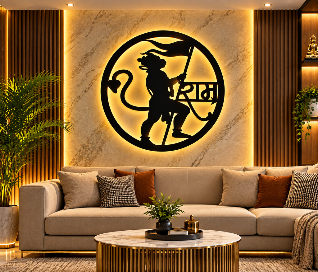 Lord Hanuman Ji Premium LED Backlit Wooden Wall Hanging | Black Matte Finish with Golden Glow Night Light | Luxury Spiritual Home Decor