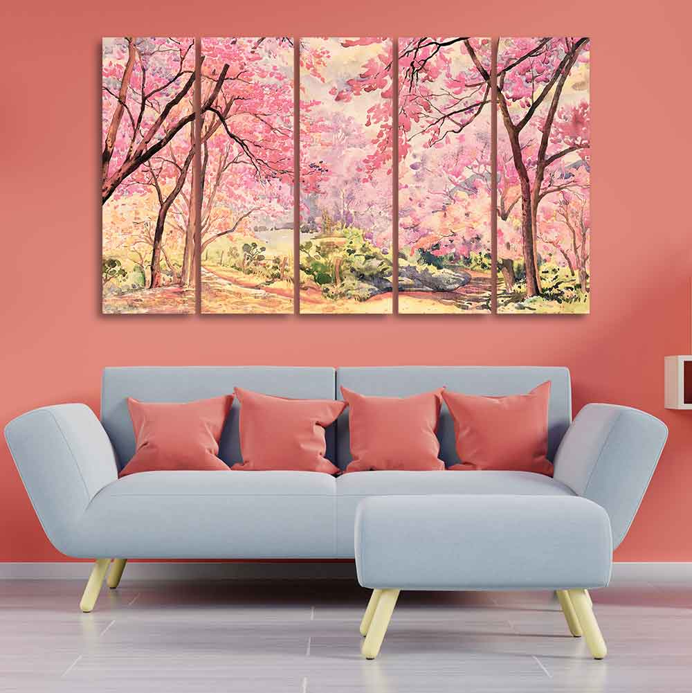 Cherry Blossom Tree Premium Wall Painting Set of Five Pieces DECORMANTRA