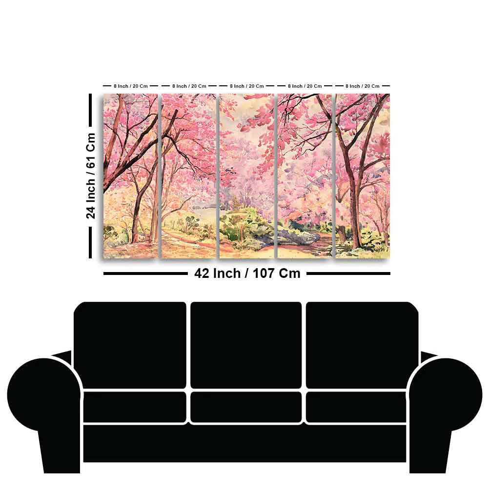 Cherry Blossom Tree Premium Wall Painting Set of Five Pieces DECORMANTRA