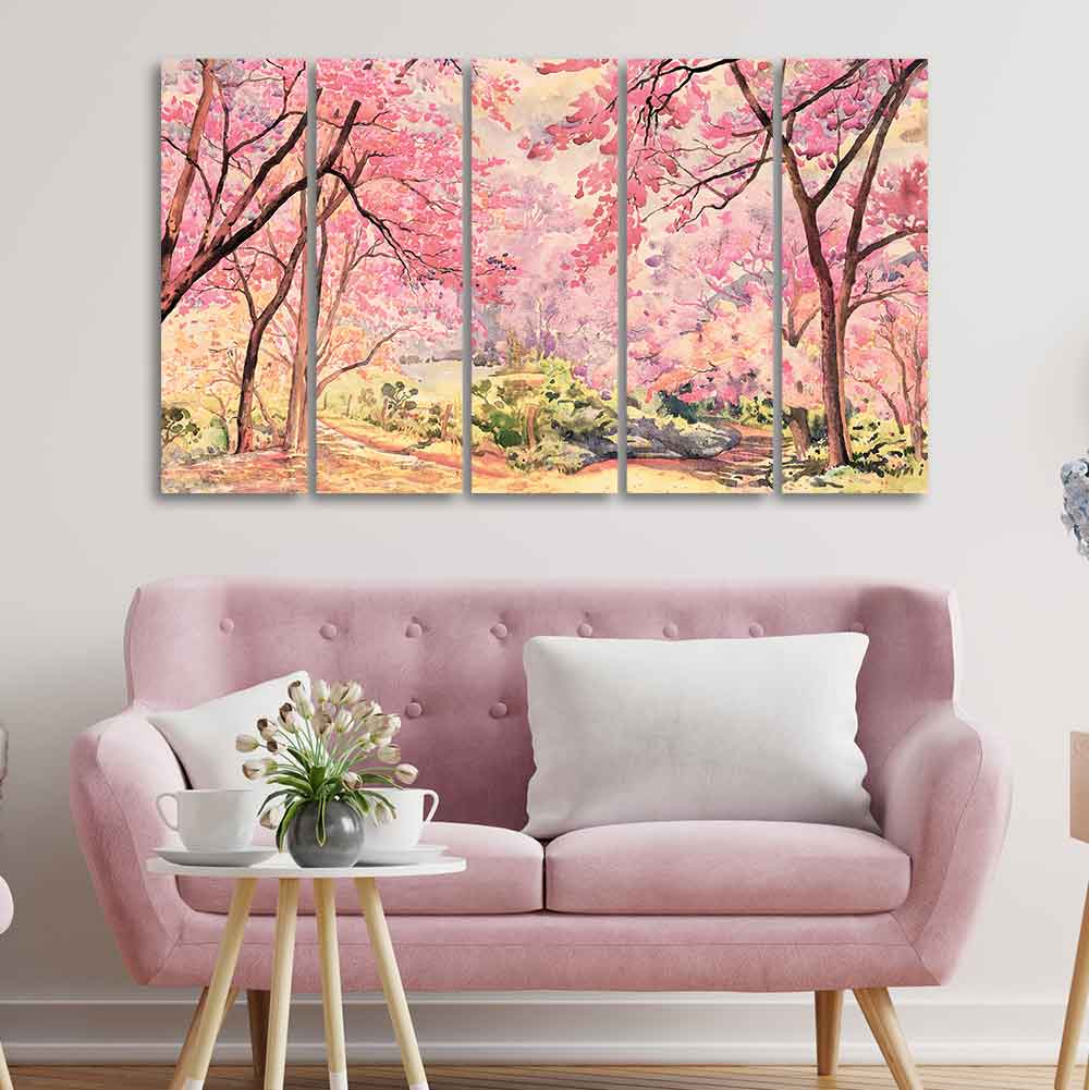 Cherry Blossom Tree Premium Wall Painting Set of Five Pieces DECORMANTRA
