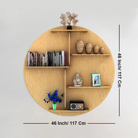 Circle Shape Backlit Designer Wooden Wall Shelf / Book Shelf / Night Light, Oak Finish - Decor Mantra 