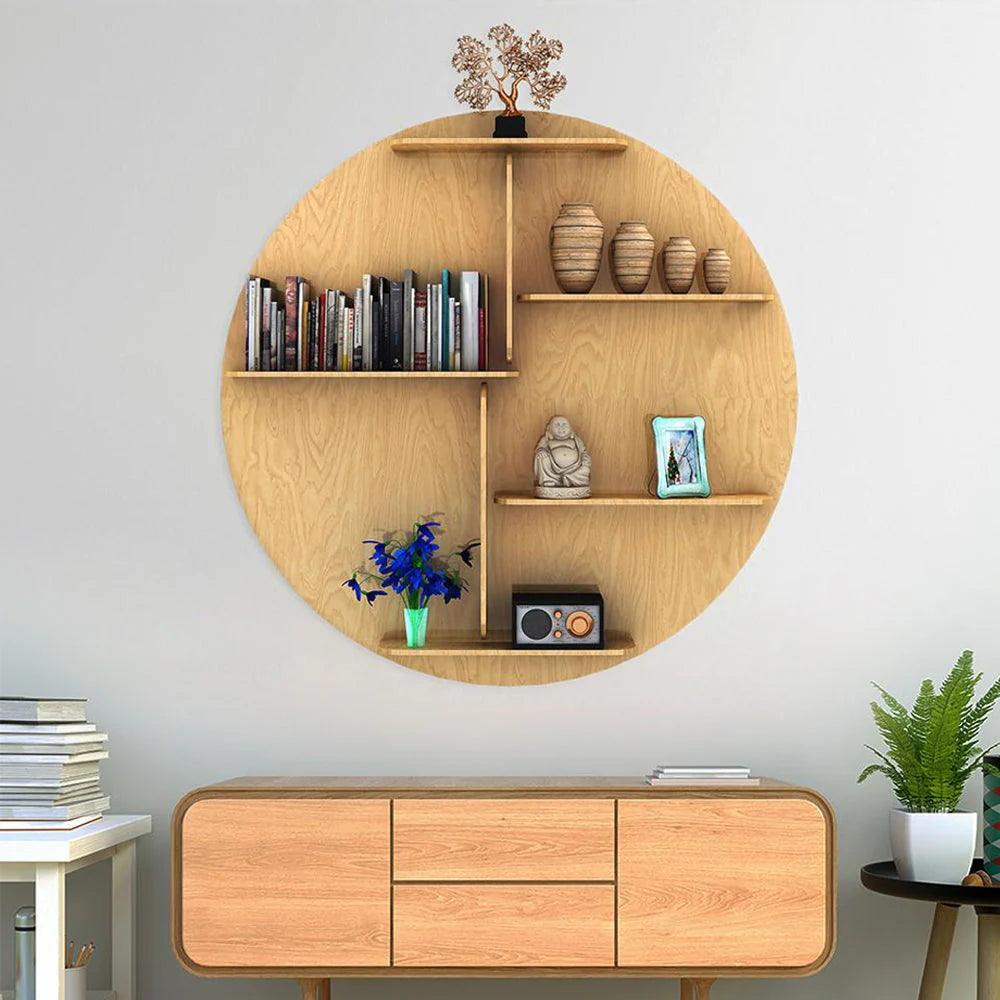 Circle Shape Backlit Designer Wooden Wall Shelf / Book Shelf / Night Light, Oak Finish - Decor Mantra 