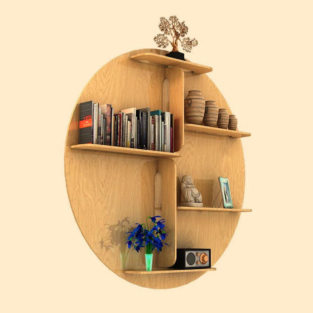 Circle Shape Backlit Designer Wooden Wall Shelf / Book Shelf / Night Light, Oak Finish - Decor Mantra 