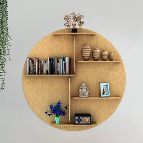 Circle Shape Backlit Designer Wooden Wall Shelf / Book Shelf / Night Light, Oak Finish - Decor Mantra 