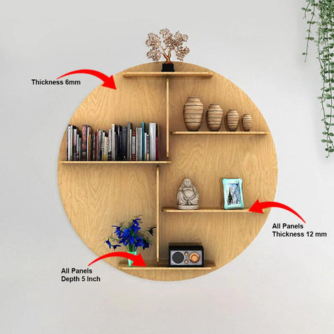 Circle Shape Backlit Designer Wooden Wall Shelf / Book Shelf / Night Light, Oak Finish - Decor Mantra 
