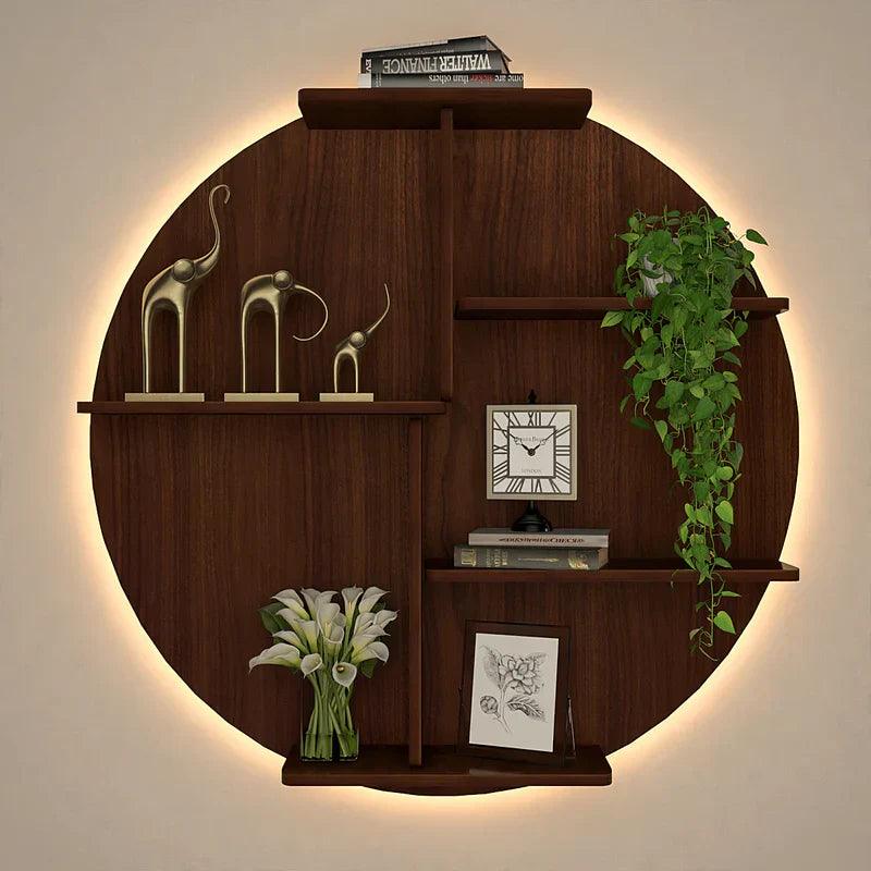 Circle Shape Dark Backlit Designer Wooden Wall Shelf / Book Shelf / Night Light, Walnut Finish - Decor Mantra 
