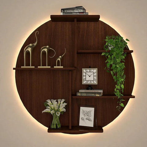 Circle Shape Dark Backlit Designer Wooden Wall Shelf / Book Shelf / Night Light, Walnut Finish - Decor Mantra 