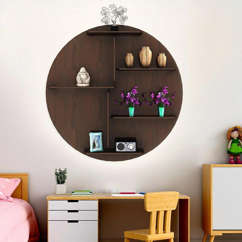Circle Shape Dark Backlit Designer Wooden Wall Shelf / Book Shelf / Night Light, Walnut Finish - Decor Mantra 
